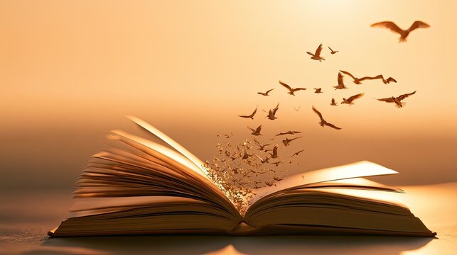 Open book, pages transforming into birds in warm, golden light
