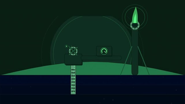 Abstract animated landfill gas well drawn as green and teal lines and shapes on a deep dark background. Seamless looping 4K motion graphics video with free space for text, ideal for sustainability rep