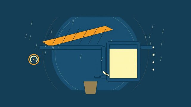Abstract animated rainwater filling a cistern drawn as blue and cyan lines and shapes on a deep dark background. Seamless looping 4K motion graphics video with free space for text, ideal for sustainab