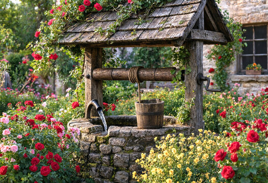 Charming rustic wooden well surrounded by vibrant roses and lush greenery in a picturesque garden setting