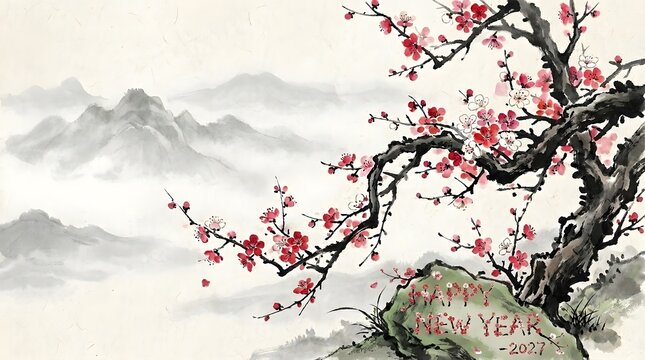 a painting of a cherry blossom tree with mountains in the background with happy new year 2027