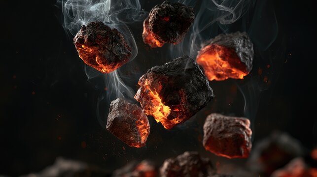 Glowing embers float and smolder, releasing wisps of smoke and heat