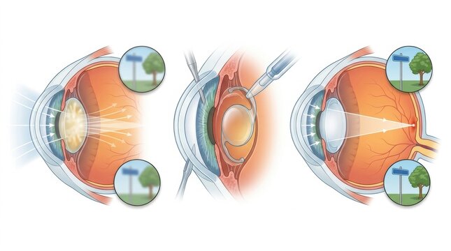 Diagram illustrating the process of cataract surgery and vision correction