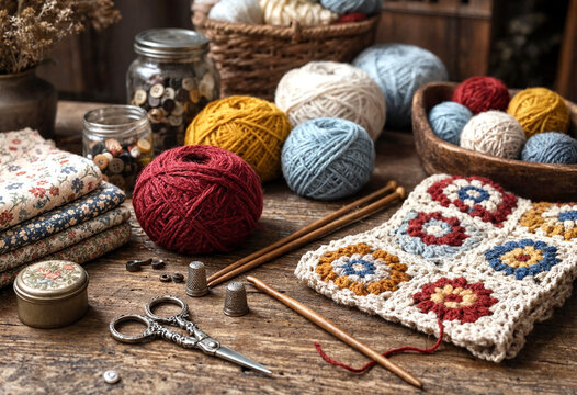 Colorful crochet and knitting supplies on wooden table with yarn balls buttons and tools ready for crafting