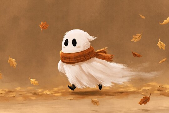 Cute ghost wearing a tiny scarf walking through falling autumn leaves