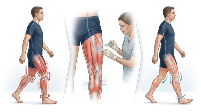 Medical illustration of leg muscles during walking and injection therapy