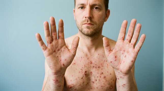 Man showing rash on hands and body suffering from viral skin infection or monkeypox symptoms