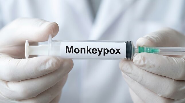Medical professional holding a syringe labeled Monkeypox for vaccination and research study