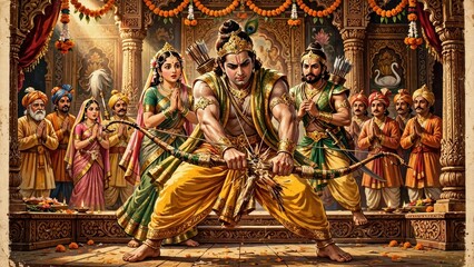 Fototapeta premium Divine hero breaking a mighty bow surrounded by royal court members in an ornate ancient palace hall