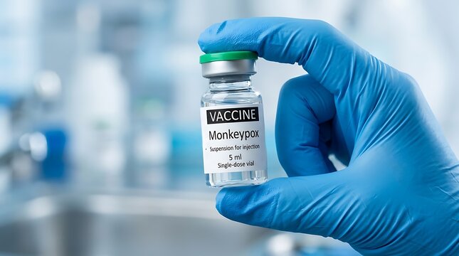 Medical researcher holding a vial of Monkeypox vaccine in a clinical laboratory setting
