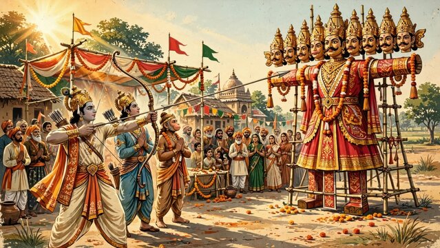 Epic battle scene of traditional hindu festival with warrior aiming arrow at multi headed giant effigy outdoors