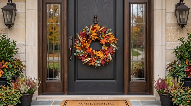 Decorative autumn wreath on a residential front door, representing seasonal home decoration, fall celebration, welcoming atmosphere and cozy home exterior