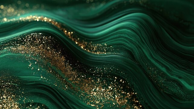 Flowing emerald waves with shimmering gold glitter