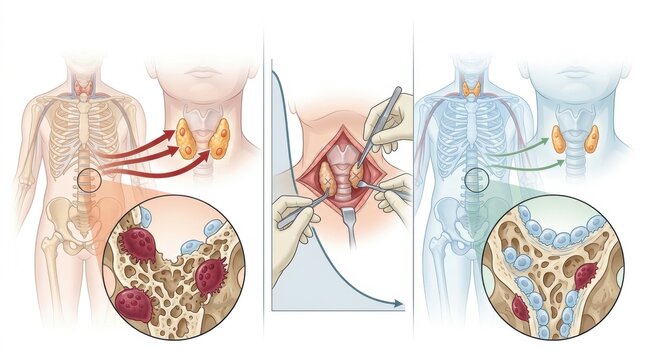 Medical illustration showing parathyroid glands and bone cells