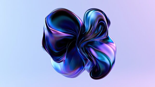 Iridescent, fluid, abstract sculpture with swirling, metallic textures on a gradient background