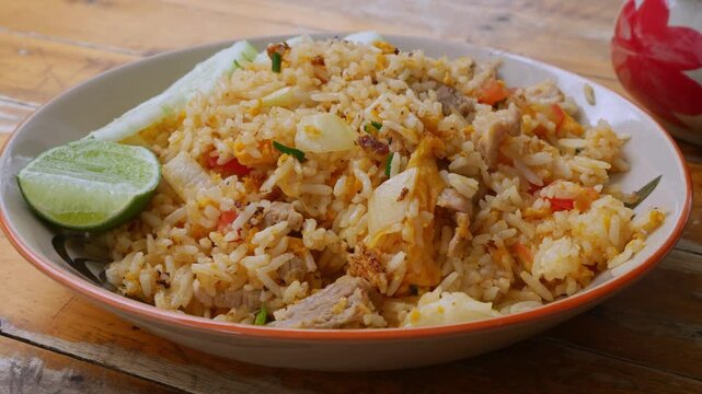 Thai Pork Fried Rice with Cucumber Slices and Lime on Rustic Wooden Table, Homestyle Asian Comfort Food