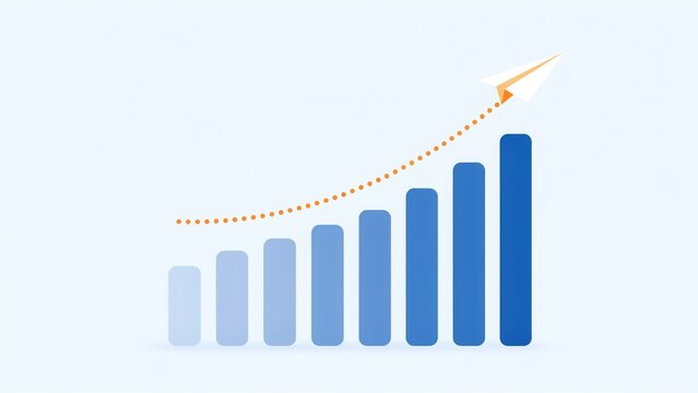 Growing blue bar chart with an upward trending dotted orange line and a paper airplane flying towards the representing success and growth