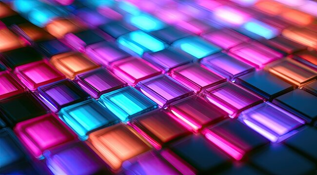 Colorful illuminated rectangular prisms form a glowing textured surface