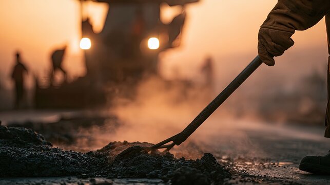 Construction worker spreading hot asphalt at sunset with dust rising