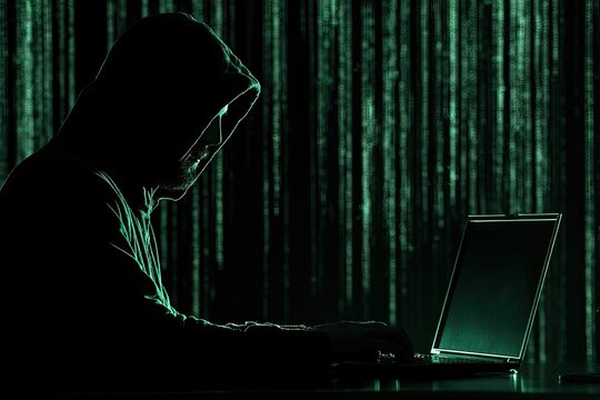 Silhouette of hooded figure typing on laptop against a backdrop of falling green code