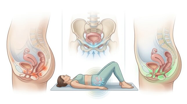 Pelvic floor muscles diagram showing strengthening exercises and anatomy