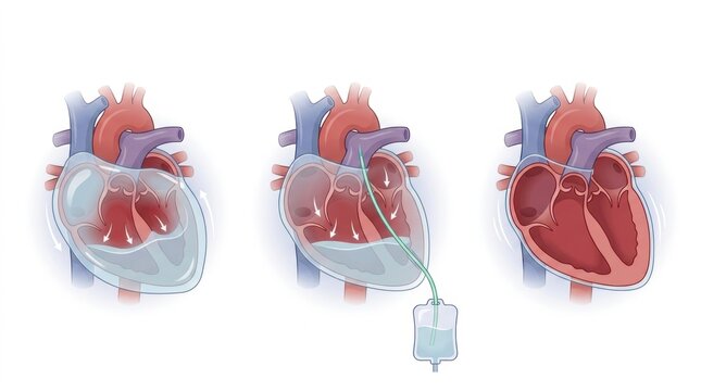 Diagram illustrating pericardiocentesis procedure to drain fluid from the heart's sac