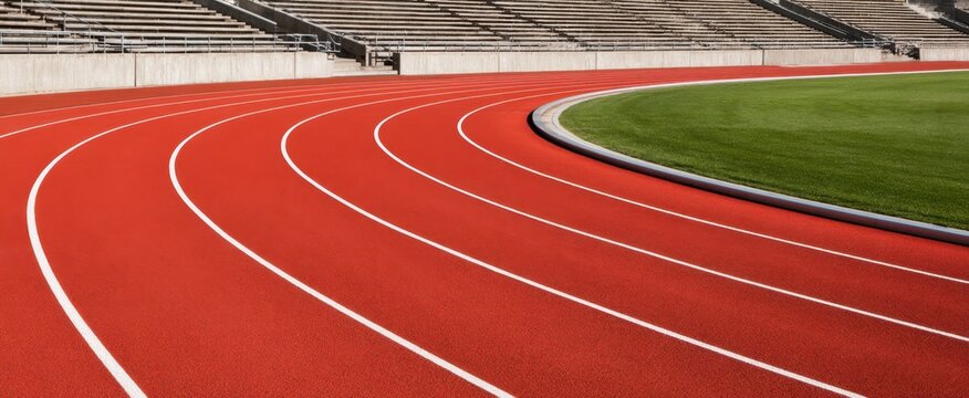 Empty outdoor athletics running track curve with green field and stadium stands for sports design background and training poster
