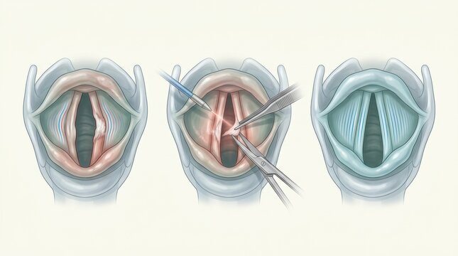 Illustration of vocal cord surgery showing before, during, and after procedure