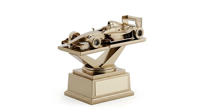 Gold Formula racing car trophy with blank plaque isolated on white background