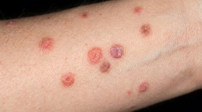 Skin rash with red papules and lesions on human arm for medical and dermatology analysis
