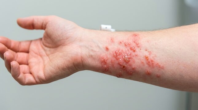 Severe skin rash with blisters on human forearm for medical diagnosis and health awareness