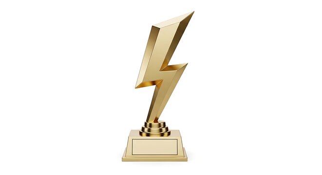 Golden lightning bolt trophy, a striking symbol of dynamic power, swift achievement, and outstanding success. Isolated on a pristine white background, representing excellence and triumph
