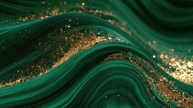 Deep emerald green waves with glittering golden particles