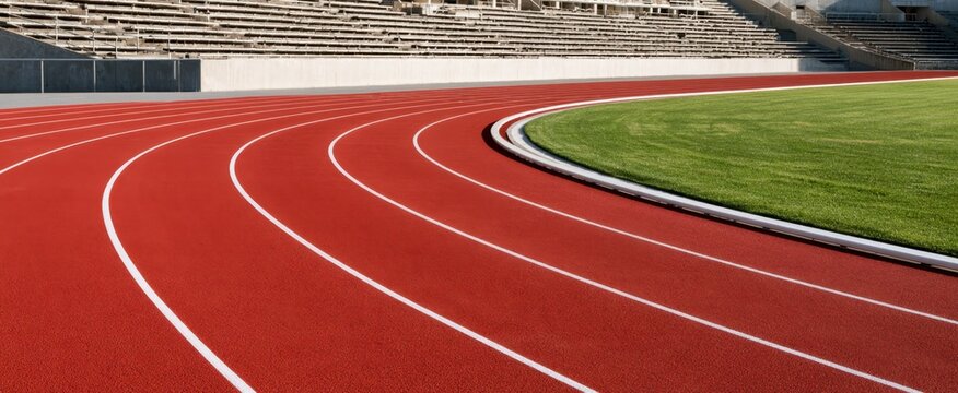 Empty curved red athletics track with green infield and concrete stadium stands for sports banner background and training design