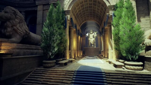 dramatic lion flanked marble entrance bathed in warm golden light, blue carpet leading to distant statue, grand pillars and ornate reliefs, ceremonial
