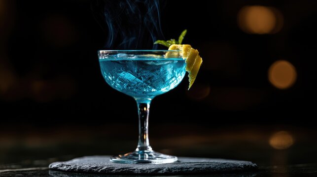 A vibrant blue cocktail with a smoky vapor swirls over ice, garnished with lemon