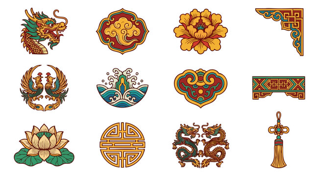 Traditional asian cultural symbols dragon phoenix flower ornament icon set