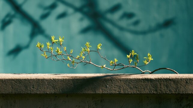 Branch with new leaves rests on textured surface against teal wall