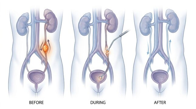 Medical illustration shows ureteral stone removal procedure before, during, and after treatment