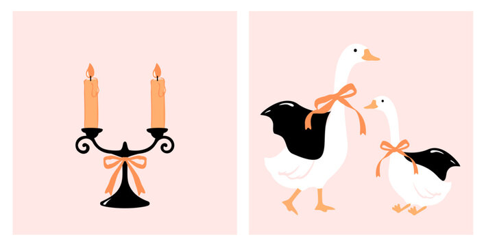 Cute Dracula goose family collection featuring white geese wearing black vampire capes with orange ribbon bows and elegant burning candles in playful flat vector style. 