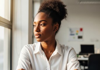 Fototapeta premium Thoughtful professional woman looking out of office window