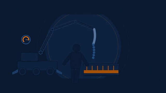 Abstract animated concrete pump boom drawn as blue and cyan lines and shapes on a deep dark background. Seamless looping 4K motion graphics video with free space for text, ideal for industry explainer