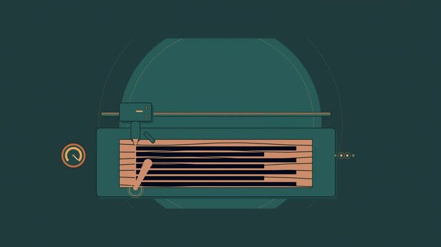 Abstract animated laser engraving wood drawn as cyan and teal lines and shapes on a deep dark background. Seamless looping 4K motion graphics video with free space for text, ideal for industry explain
