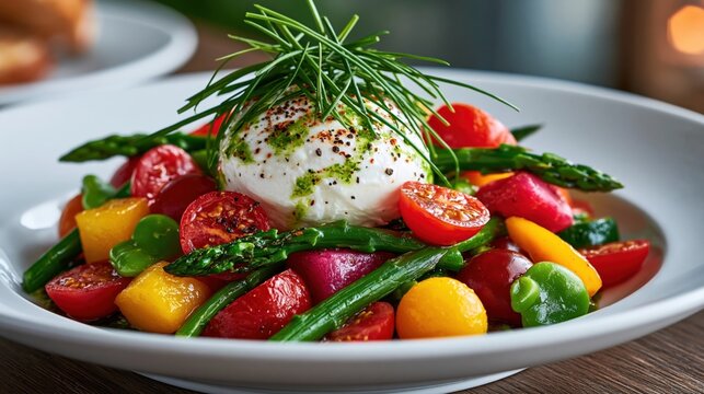 Vibrant burrata vegetable bowl with asparagus cherry tomatoes yellow tomatoes and herb garnish on white plate for restaurant menu design and food blog background