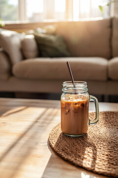 Iced coffee in mason jar placed on living room table