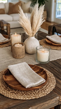 Rustic farmcore birthday tablescape with pampas grass stems and woven chargers for intimate party decoration and cozy boho dining background