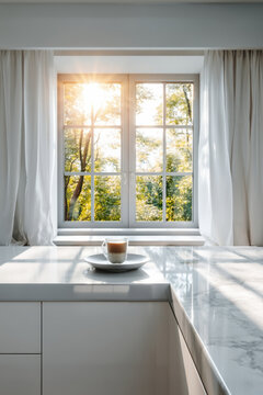Coffee cup resting on white marble countertop by window