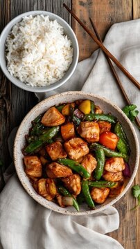 Chicken snap pea stir fry bowl with rice and mixed peppers for menu and recipe card design