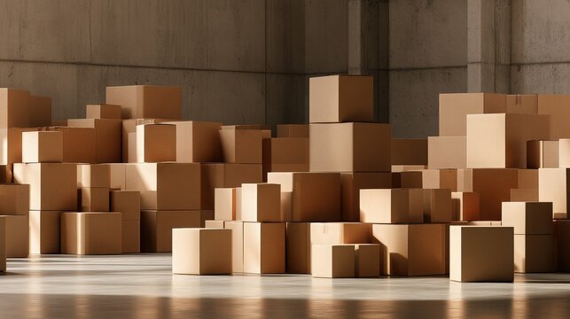 Cardboard boxes of various dimensions are extensively piled up on a reflective floor within a large, industrial warehouse, conveying themes of abundant inventory, heavy storage, and efficient.