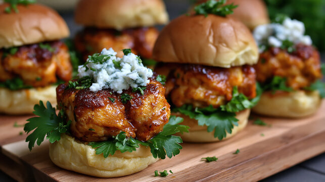 Garnished buffalo chicken sliders with blue cheese and parsley on wooden board for appetizer party menu and social media banner